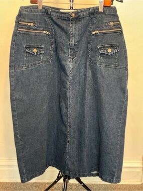 Roaman's Dark Blue Denim Midi Skirt with Zip Pocket Accents